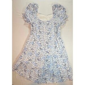 Trixxi Womens Large Blue Floral Puff Sleeve Tiered Mini Dress Cottagecore Milkma